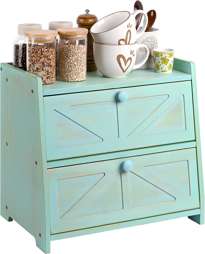 Bamboo Corner Bread Box for Kitchen Countertop 2-Tier Green | Farmhouse Bread Storage Container, Large Pantry Organizers for Homemade Snacks, Loaves, Breathable Keeps Bread Fresh