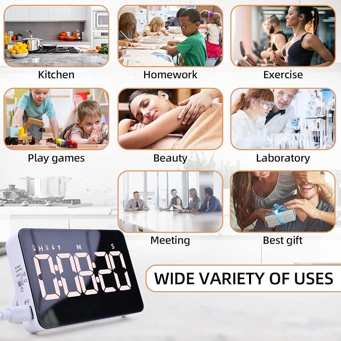 Rechargeable Digital Kitchen Timer for Cooking, Magnetic Timers with Countdown/up, Kids Timer with 5”LED Display 3 Brightness 4 Volume Adjustable for Classroom/Office/Home/Work/Study/Fitness/Game | Countdown/Up, 3 Adjustable Brightness, 4 Adjustable Vo...