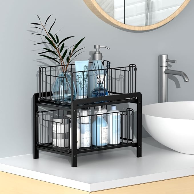 NPPLUS 2 Tier Black Under Sink Organzier With Sliding Drawer | Iron Under Sink Cabinet Organizers Pull Out Home Storage For Bathroom Kitchen Desktop