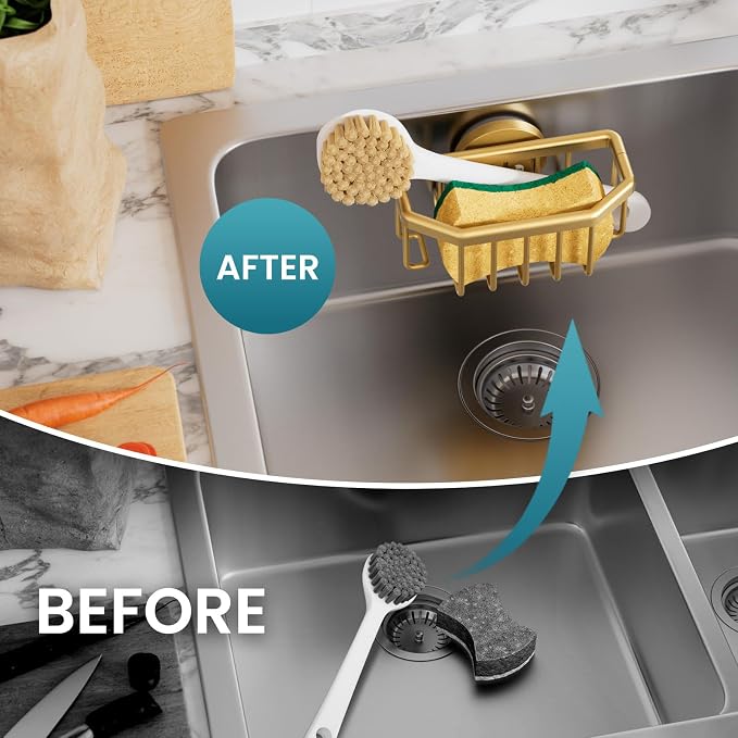 TAILI Sponge Holder for Kitchen Sink with Suction Cup-Gold, Aluminum | Rustproof Aluminum Sink Caddy for Sponges,Brushes,Stoppers & Scrapers,Removable Ventilated Quick-dry Design, holds Up 11lbs