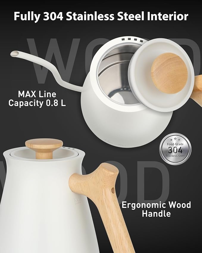 Harriet Gooseneck Electric Kettle, 0.8L, 1°F Control, Brew Timer | 120-Min Keep Warm, 104–203°F Control, Built-In Brew Timer, SUS304 Stainless Steel, Wood-Accent Handle for Pour-Over Coffee