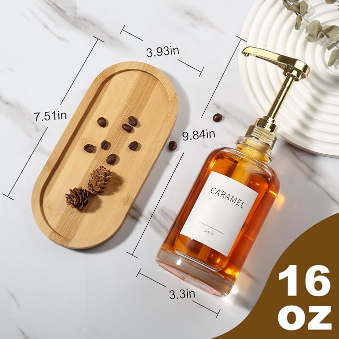Coffee Syrup Dispenser, Glass Syrup Pump Dispenser for Coffee Bar Accessories, Maple Syrup Bottles with Tray, Simple Syrup Bottles with 1/4oz Large Capacity Gold Pump, 2 Pack 16.9 Fl oz