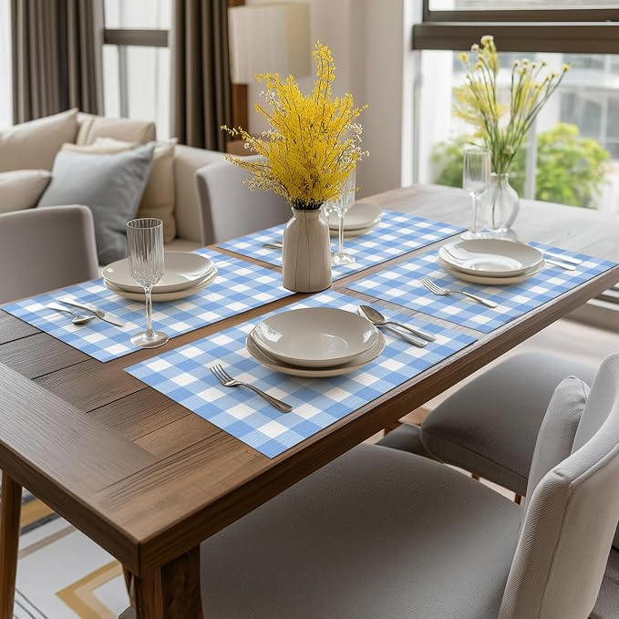 Artoid Mode Buffalo Plaid Vinyl Placemats Set of 4, 12x18 Inch Washable Non-Slip Heat Resistant Plastic Place Mats for Party Dining Table, Blue/White