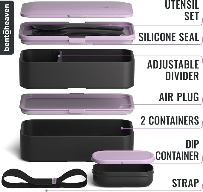Bentoheaven Bento Box Adult, Stackable Lunch Box, 40 oz, Violet Me Go | BPA-free, leakproof and microwave-safe with 2 compartments, utensils, chopsticks, divider and sauce cup for men and women.