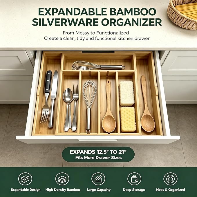 Large Expandable Silverware Organizer | 2.5" High,DIY Partition,Premium Bamboo Cutlery Tray Flatware Holder