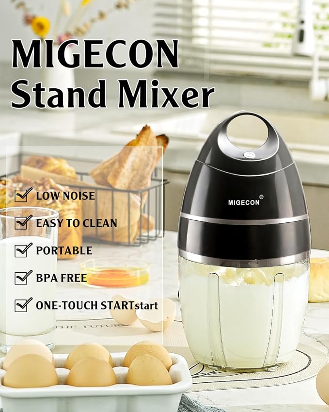 MIGECON Stand Mixer Electric Kitchen Mixer Egg Electric Whisk, Dark Grey | Hands-Free Shampoo Frother, Rechargeable Egg Beater for Cake Baking, 900ml Milk Frother, One-Click Operation