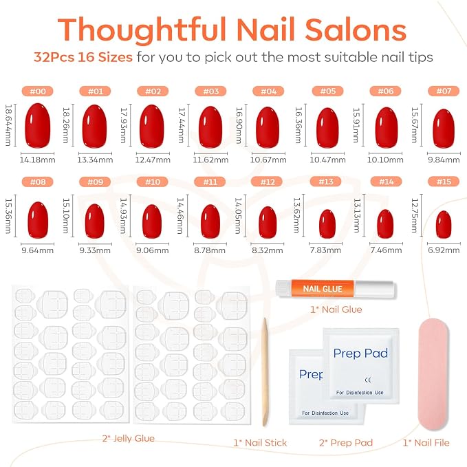 modelones Red Short Press on Nails Oval Fake Nails with Nail Glue | Adhesive Tabs, Nail File, Prep Pad, Manicure Stick, 32Pcs 16 Sizes, Women Girl Gift