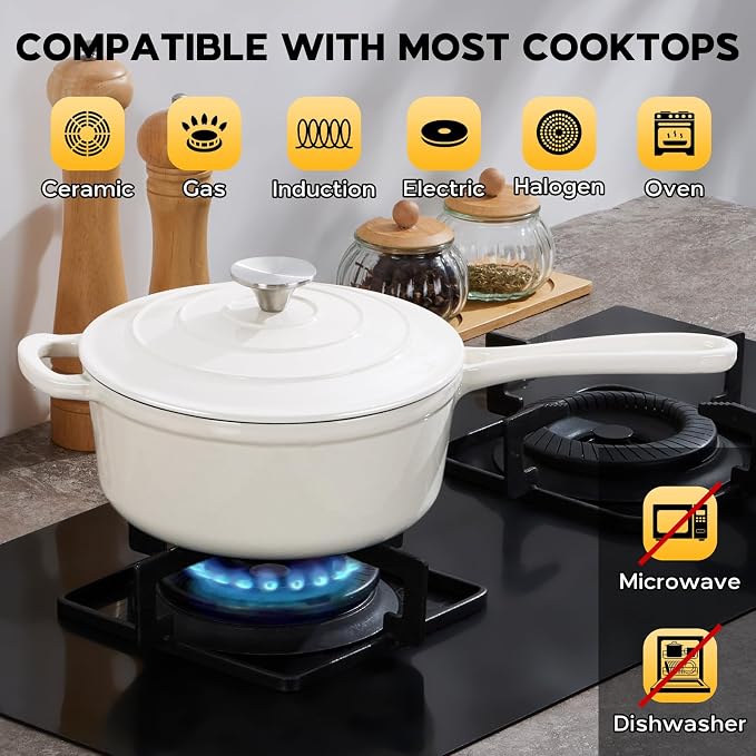 Onader Enameled Cast Iron Saucepan, 3 QT Sauce Pan with Lid, Cast Iron Small Sauce Pot for Cooking, Enamel Dutch Oven Nonstick, Induction Compatible, Heavy Duty – White