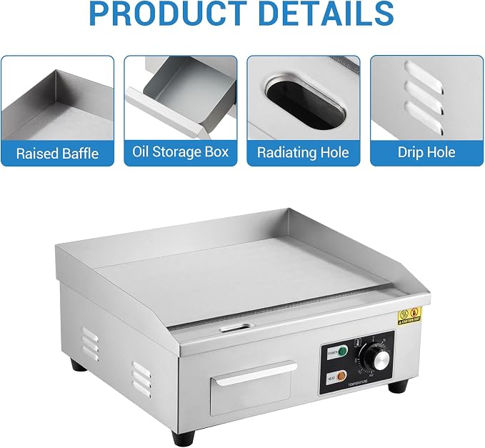 Garvee 18 In Commercial Electric Griddle, Flat Top Grill Countertop Griddle | Non-Stick Stainless Steel Teppanyaki Grill for Restaurant Kitchen Outdoor BBQ