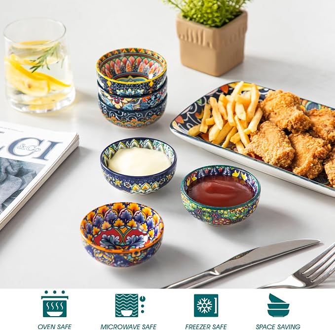 vancasso SIMI 2.7 Oz Ceramic Dipping Bowls Set of 6, Bohemian Sauce Bowls | For Soy Sauce, Sushi, Dips, and Condiments, Microwave and Dishwasher Safe, 3 Inch Mini Dishes, Bohemian Design