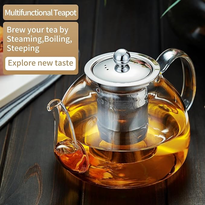 DOPUDO 41OZ (1200ML) Glass Teapot with Infuser Stovetop Safe, Clear Glass Tea Pot Kettle, Borosilicate Tea Pot with Infusers Filter for Loose Tea, Tea Kettle Dishwasher Safe