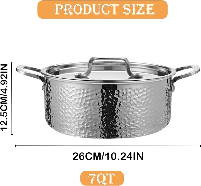 Vivicreate Tri-Ply Stainless Steel Stockpot – Deep Cooking Pot with Hammered Exterior, Compatible with All Stovetops, Even Heat Distribution, Durable Cookware for Soups, Stews, and More（7QT）