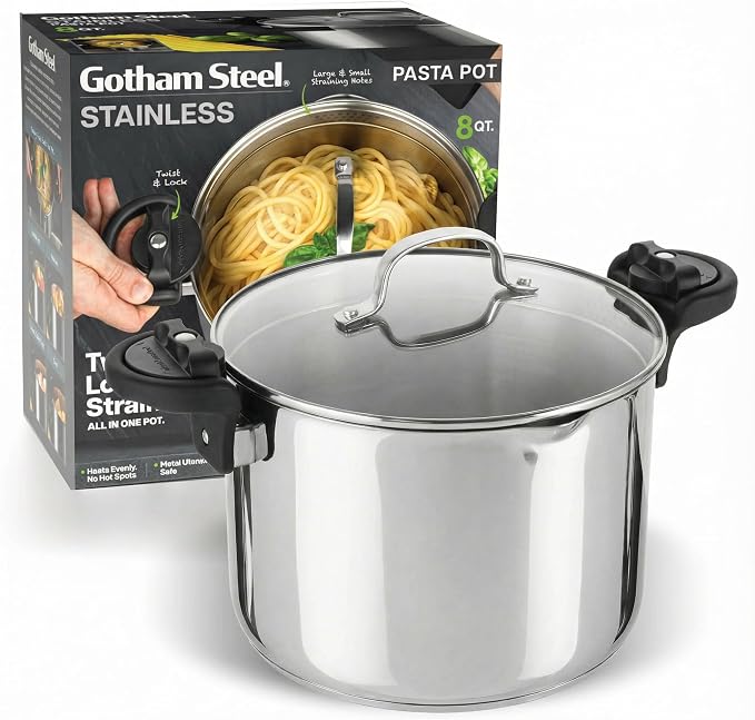 GOTHAM STEEL 8 Qt Stainless Steel Stock Pot Multipurpose Pasta Pot | With Strainer Lid + Twist and Lock Handles, Cooking Pot for Soup, Spaghetti, Rice, Induction Compatible, Dishwasher Safe