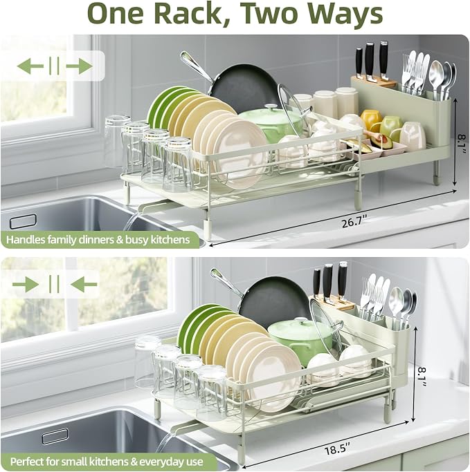 Urackify Extendable Dish Rack, 18.5"-26.7" L x 12.7" W, Soft Celery Green | Multifunctional large dish rack with cup holder and built-in cutlery holder for versatile drying needs