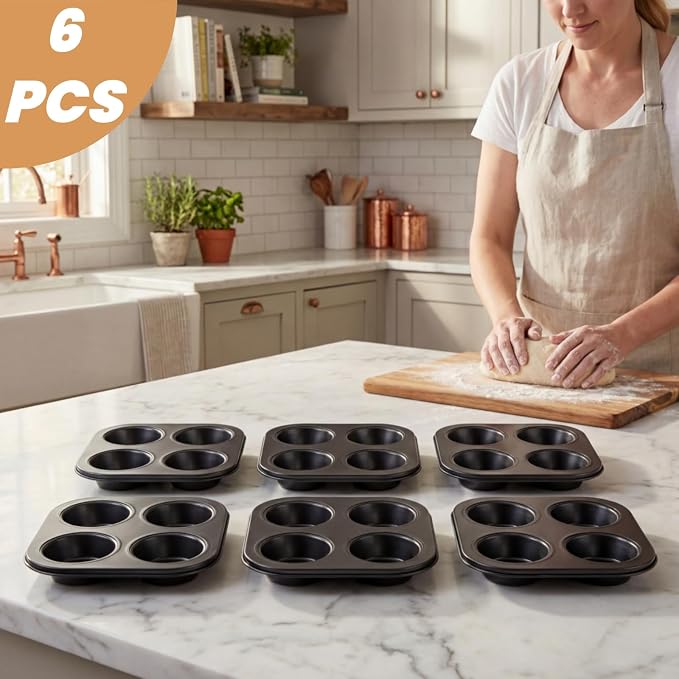 6 Pack Air Fryer Muffin Pan, 4 Cup Non-Stick Baking Pan | Carbon Steel Small Oven Muffin Tin, Round Cupcake Bakeware Cake Mould for Egg Muffin, Quiches, Frittatas