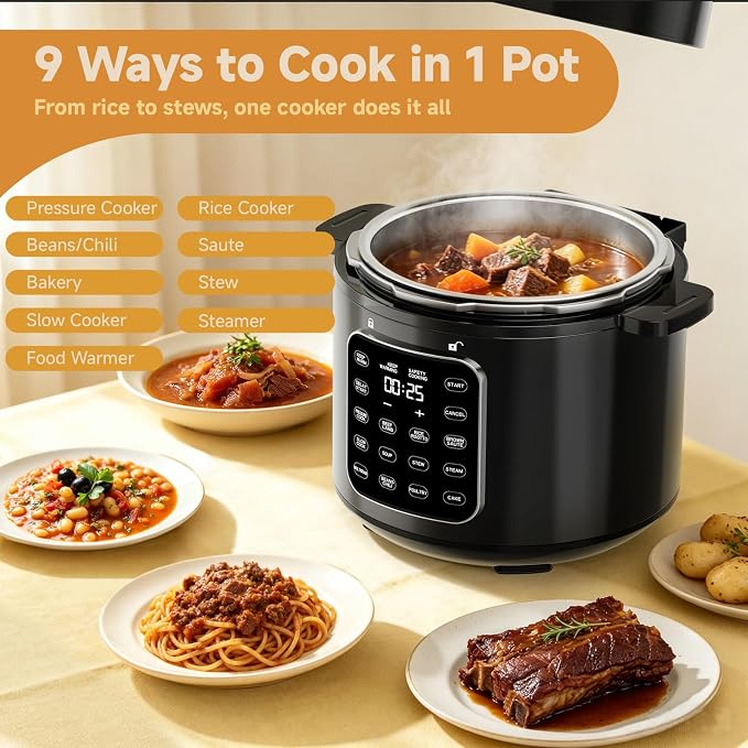 CARORI 6 Qt Electric Pressure Cooker, 9-in-1 Multi-Cooker with 12 One-Touch Presets, IMD Touchscreen, Stainless Steel Inner Pot, 24H Delay Timer, 1000W Compact Pressure Cooker, Black