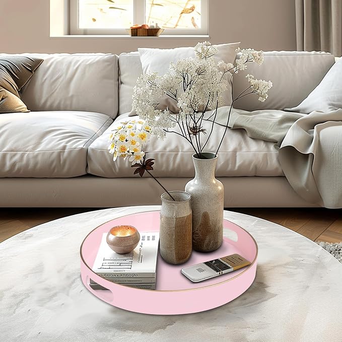 13" Pink Decorative Tray, Plastic Round Serving Tray with Handles | Decorative Tray for Coffee Table, Modern Ottoman Tray, Circle Tea Tray, Round Melamine Tray for Living Room, Bathroom