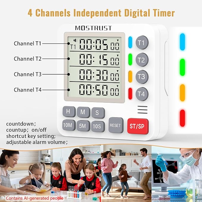 Digital Dual Kitchen Timer, Multiple Channels Countdown Timer | 4-Groups Timer with Magnetic-Back Memory-Preset Large Display Adjustable Alarm Volume, 3A Battery Included, Ideal for Cooking