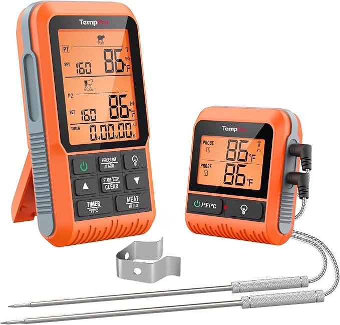 TempPro TempSync 500FT Wireless Meat Thermometer for Grilling and Smoking | RF Technology, 2 Probes, Alarms, Backlit LCD Display, Smoker BBQ Kitchen Food Thermometer for Cooking Tools & Utensils Gift