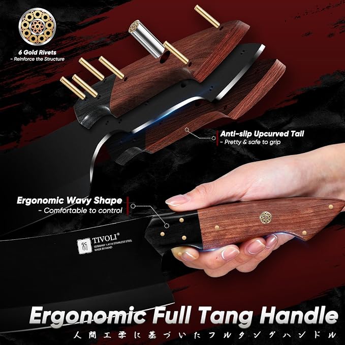 TIVOLI Meat Cleaver Knife 7 inch - Black Butcher Knife for Meat Cutting | German High-carbon Steel, Full Tang, Ergonomic Walnut Handle, Gift Box, Dual-Tech Black Shield