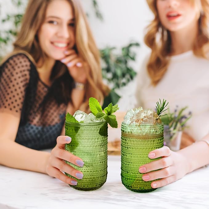 CHLJAR Hobnail Drinking Glasses Set of 6, 14 oz Vintage Glassware Set, Embossed Green Water Tumbler for Beer, Juice, Cocktail, Whiskey, Milk, Green