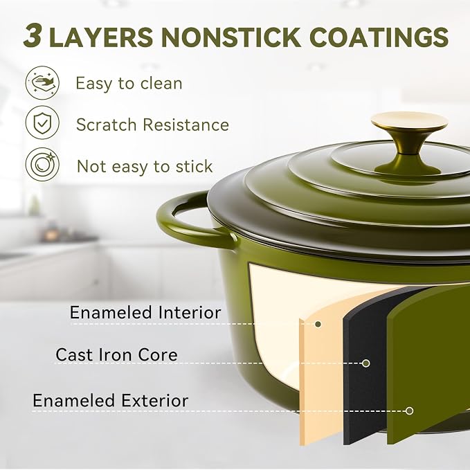 Miereirl 6 Quart Enameled Dutch Oven Pot with Lid, Cast Iron Dutch Oven with Dual Handles for Bread Baking, Cooking, Non-stick Enamel Coated Cookware, Golden Green