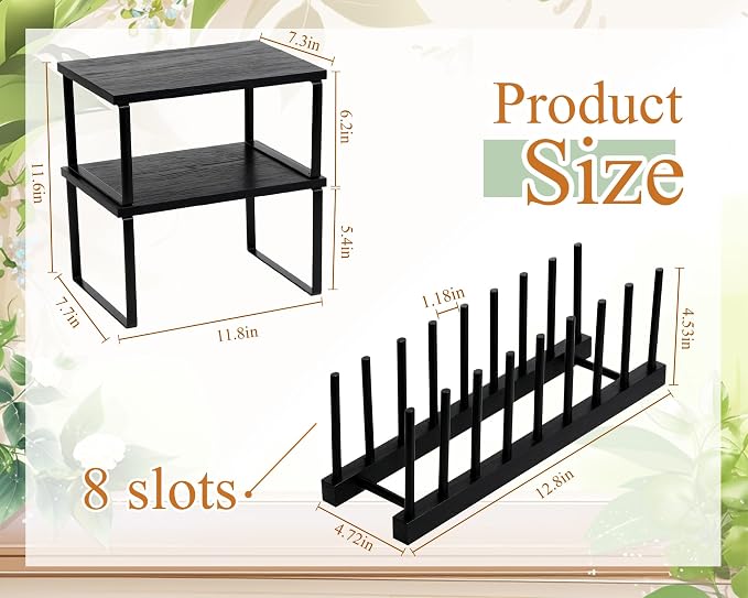 Marsui 4 Pcs Kitchen Organizer Accessories Set for Cabinet,Black | Cabinet Organizer Shelves, Bamboo Dish Drying Plate Rack, Wooden Counter Storage Holder, for Spice Dish Pot Lid Bowl Cup