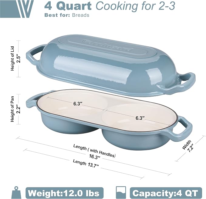 Enameled Cast Iron Double Dutch Oven with Lid, Dual Round Loaf Pan, Bread pan for Homemade Sourdough Bread Baking, Sea salt