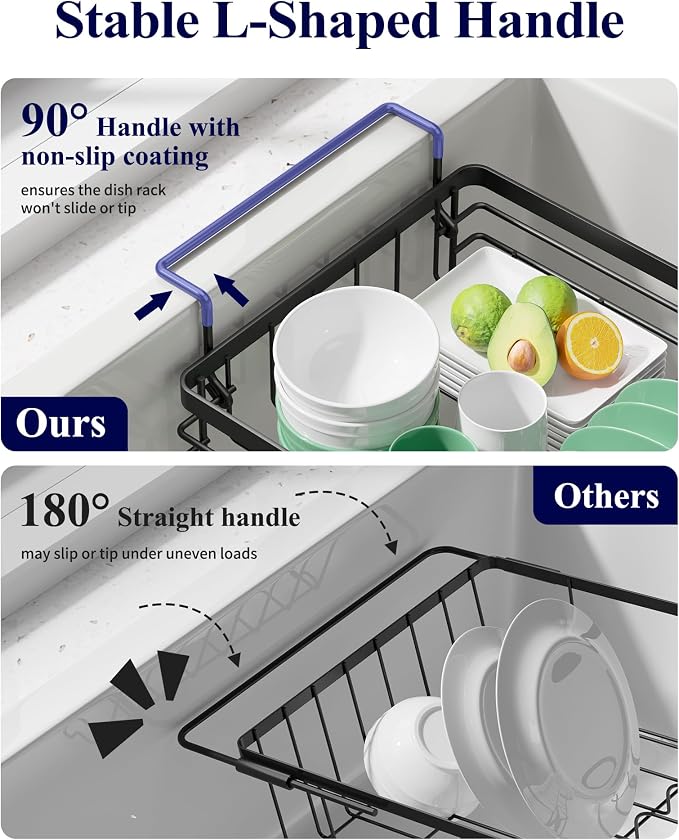 Kitsure Expandable in-Sink or Over-Sink Dish Drying Rack, Large, Black | Rust-Resistant Dish Rack for Kitchen Counter, Dish Drainer with Cutlery Holder, 10.82"-17.12" L x 11.02" W x 3.93" H