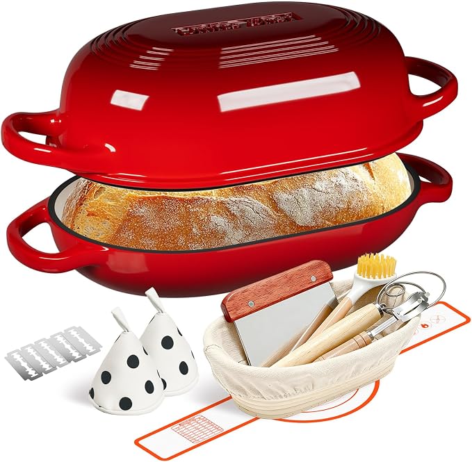 Enameled Cast Iron Sourdough Bread Oven, Dutch Oven, incl. Sourdough Bread-Baking Supplies like Banneton Bread-Proofing Basket - 5QT Loaf Cast Iron Bread Pan for Homemade Bread Baking, Red Meatloaf Pan with Lid