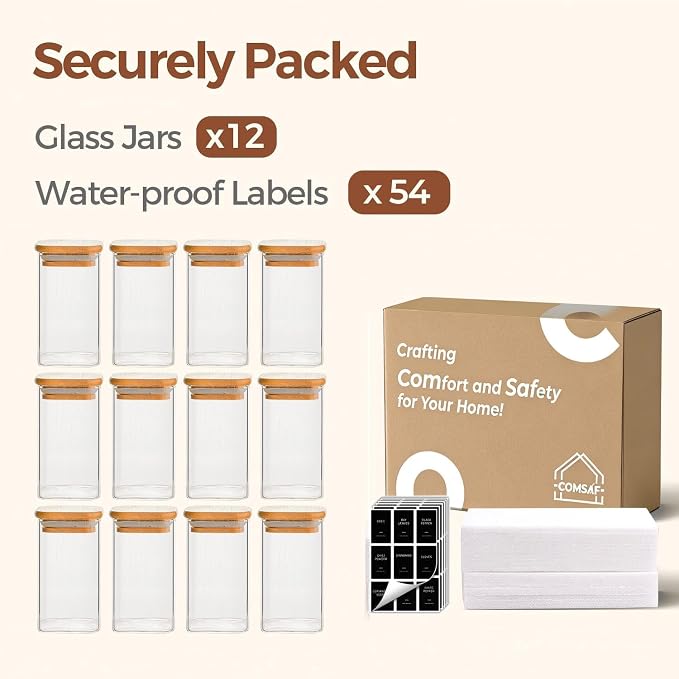 ComSaf Glass Spice Jars with Labels 10 oz 12 Pack Large Square Bamboo Lids | Empty Containers, Seasoning Herbs Powders, Salt Pepper Chili, Spice Rack Organization, Kitchen Cabinet Storage, Dry Goods