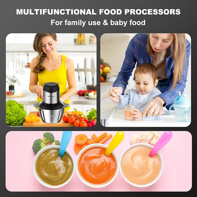 Sovyime Food Processor, 2‑Speed Electric Food Chopper & Small Meat Grinder | With 8Cup Stainless & 8Cup Glass Bowls, 2 Bi-Level Blades&. Great for Onion, Baby Food, Garlic, Nuts, Fruit, and Vegetables.