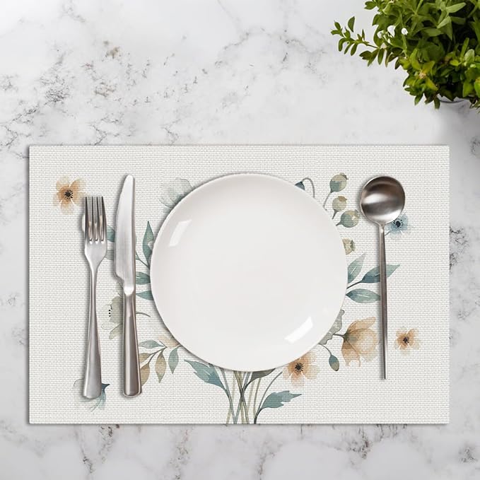 Neutral Poppy Floral Spring Placemats Set of 4, Boho Minimalist Decor | Wipeable Washable Non-Slip Heat Resistant Linen Fabric Rectangle Table Mats, for Indoor Outdoor Party Kitchen Dining