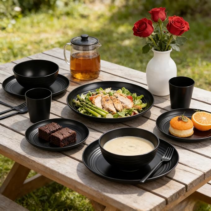 32-Piece Black Wheat Straw Dinnerware Sets, Unbreakable Dish Sets | Durable plastic dishes and reusable plates set for kitchen, ideal for camping, parties, RVs, and everyday family dinners.
