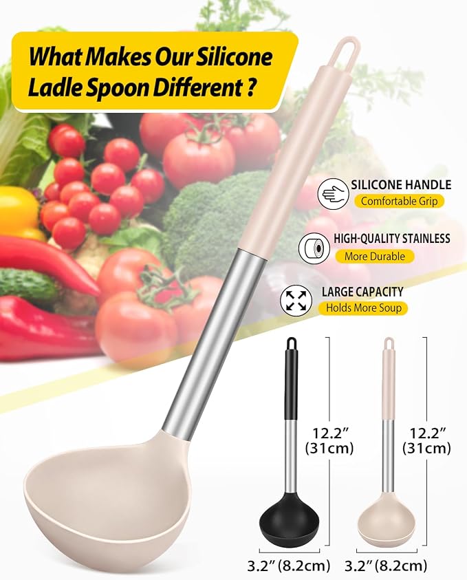 BUNDLEPRO Silicone Ladle Spoon Kitchen Utensils, 2 Pack, Black-Khaki | Non Stick, High Heat Resistant, BPA Free, Ideal for Cooking, Stirring,Serving Soups