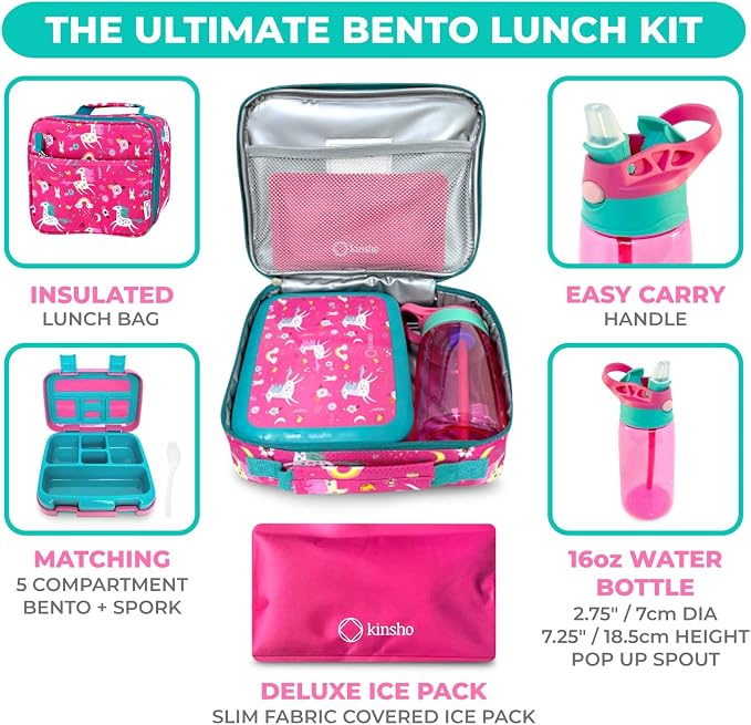 kinsho Bento Lunch Box, Bottle, Bag, Ice Pack for Small Kids, Pink Unicorn | 5 Leakproof Portion Compartments, BPA-Free Removable Tray, Insulated Meal or Snack Container for Pre-School Daycare