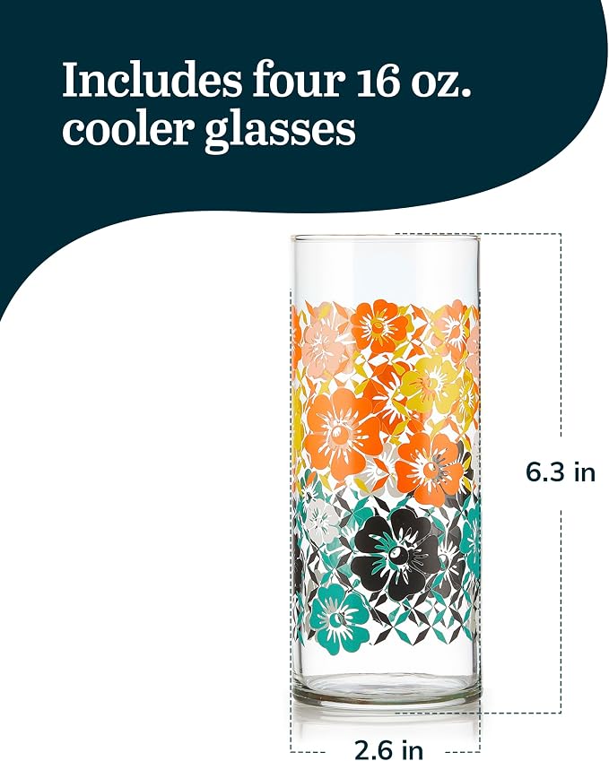 Libbey Vintage Flower Drinking Glasses Set of 4, Colorful, Retro Floral Design Glass Cups Set, Dishwasher Safe Water Glasses Set for Beverages