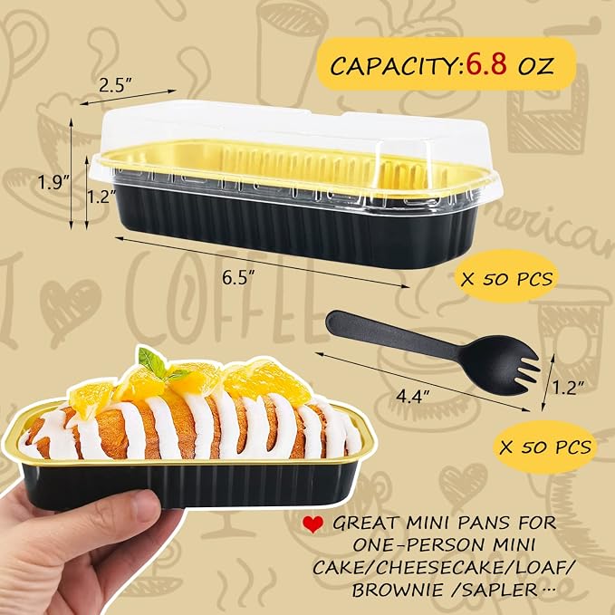LNYZQUS Mini Loaf Pans with Lids 50 Pack, 6.8oz Small Cake Tins | Rectangle, Black, Disposable Aluminum Foil Baking Cups, Individual Dessert Containers for Bake Sale Treats