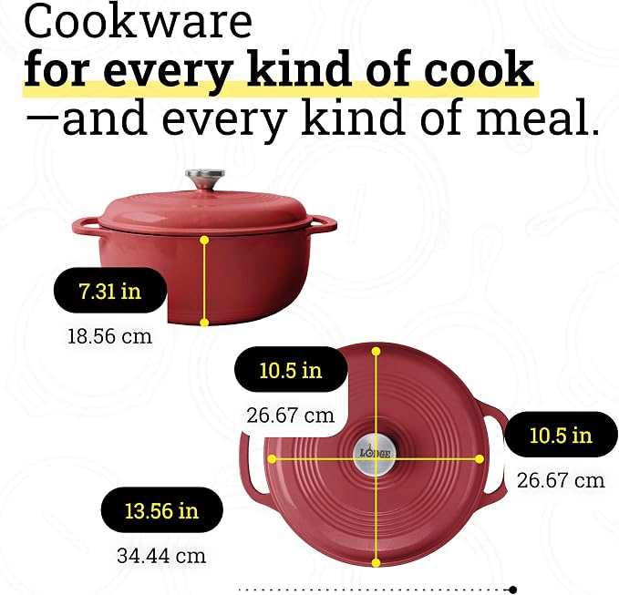 Lodge Essential Enamel Cast Iron Dutch Oven 6 Quarts - Perfect for Bread Baking, Braising, Marinating & Slow Cooking, Features Moisture-Sealing Lid & Dual Handles, Kitchen Essentials, Cranberry