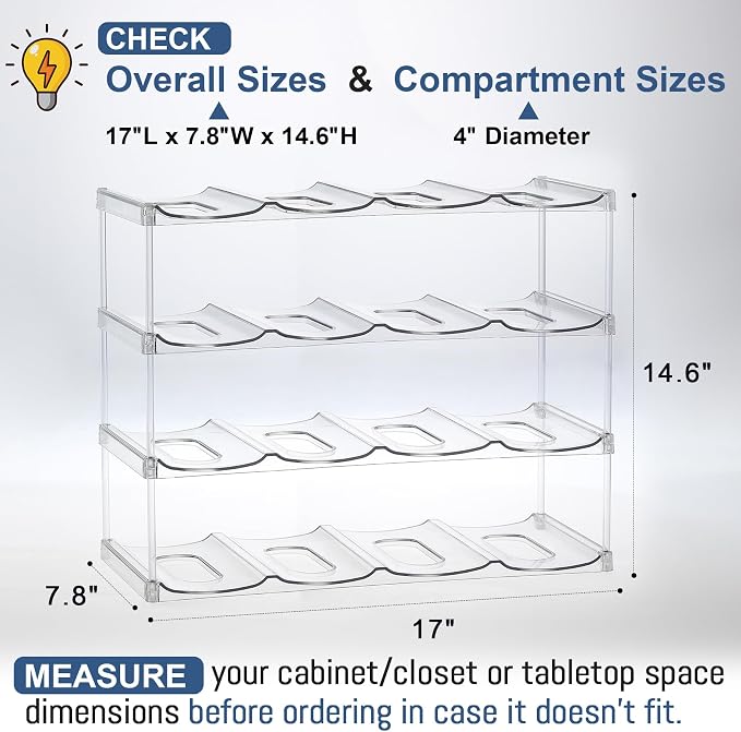 LARGER Compartment - 4 Tier Stackable Water Bottle Organizer Holder - for Stanley 40oz & Others' Large Tumbler - Clear Wine Rack, 16 Cup Bottle Holder for Cabinet Home Countertop Fridge Pantry Shelf