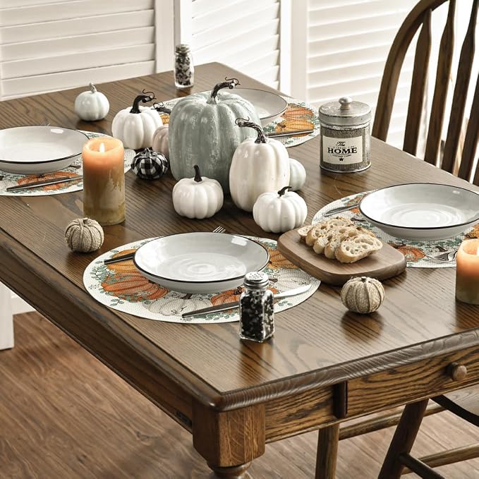 Artoid Mode Pumpkin Eucalyptus Round Fall Placemats Set of 4-14 Inch | Heat-Resistant, Washable Table Mats, Seasonal Autumn Kitchen Dining Decor