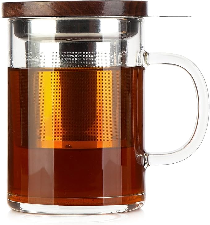 Tea Cup with Infuser Walnut Lid&Handle, Glass Tea Cups with Wide Mouth Extra Large Capacity, Stainless Steel Tea Infuser Mug for Loose Leaf Tea Steeping(14oz/400ml)
