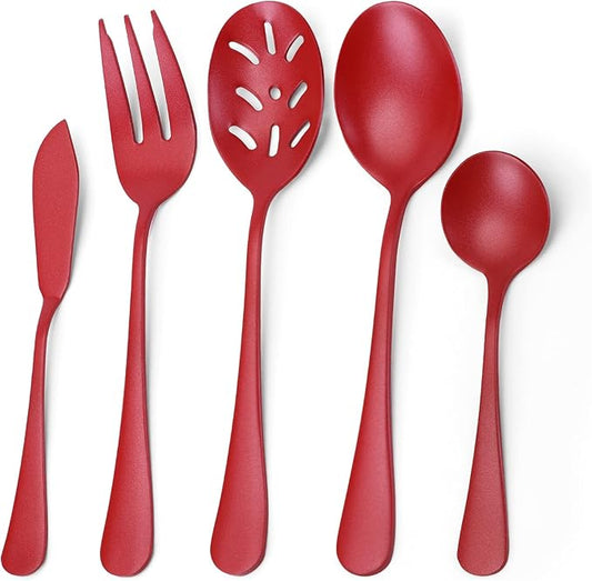 Bysta Serving Utensils Set, Red 5-Piece Hostess Set, Stainless Steel Silverware Flatware Cutlery Serving Set, Dishwasher Safe