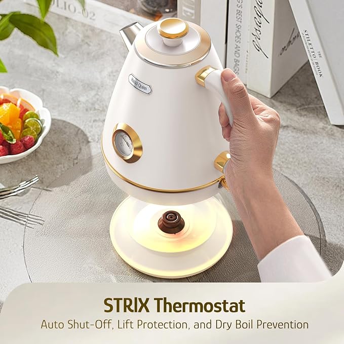 Hazel Quinn Retro Electric Kettle, 1.7 Liters with Thermometer, Pearl White | 57.5 Ounces Tea Kettle All Stainless Steel, 1200 Watts Fast Boiling, BPA-free, Cordless, Automatic Shut Off, Home and Office