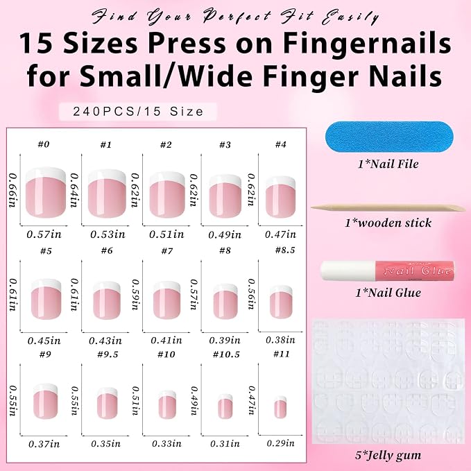 240pc Short French Tip Press on Nails Square Fake Nails with Glue Tabs | Short Nails Press ons Square Glue on Nails Pink Acrylic Nails Stick False Nail Artificial Fingernail for Women Girls