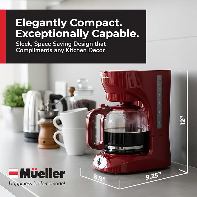 MUELLER HOME 12-Cup Red Coffee Maker | Borosilicate Carafe, Auto-Off, Reusable Filter, Anti-Drip, Keep-Warm Function