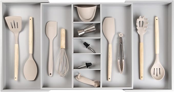 Utensil & Junk Drawer Organizer, 19-33 in, Gray Bamboo | Food-safe contract grade, 100% sustainable wood, non-slip, adjustable