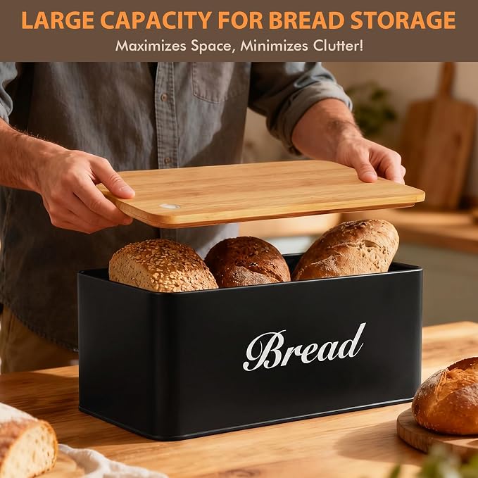RYTOXILO Black Bread Box for Kitchen Countertop, Metal Breadbox with One-Way Degassing Valve Bamboo Lid, Bread Storage Boxes Container for Homemade Bread, Sourdough Food Cutting Board