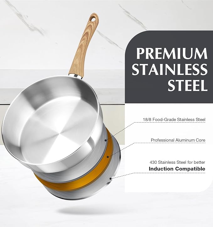 KOCH SYSTEME CS 12 Inch Stainless Steel Saute Pan with Lid, 6 Quart Deep Frying Pan, 18/10 Stainless Steel Saute Pan with Cool-Touch Bakelite Handle, Deep Fry Pan, Induction Ready