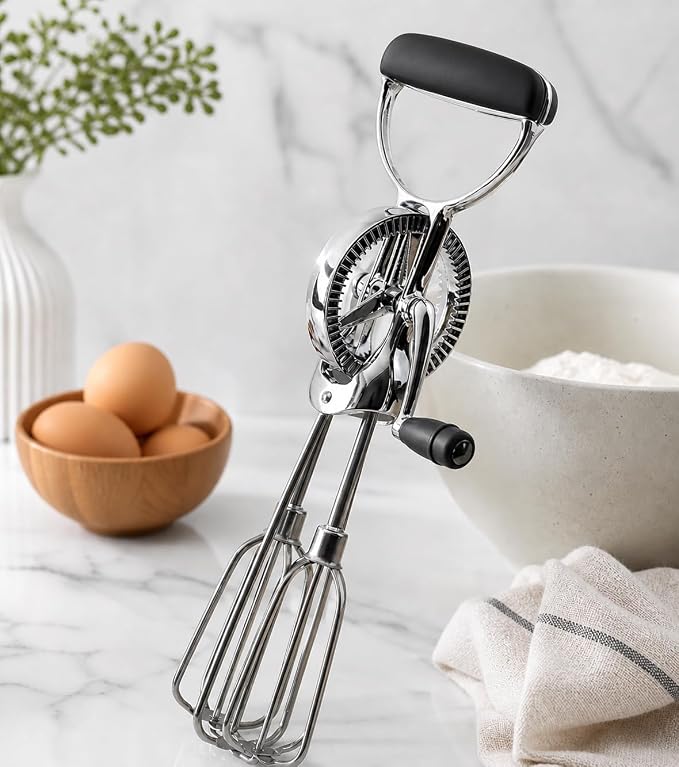 Stainless Steel Hand Crank Egg Beater, Manual Mixer with Dual Whisk for Butter, Cream & Batter